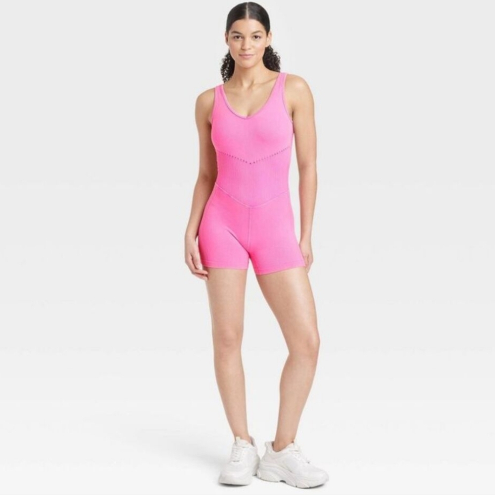 JoyLab Seamless Hot Pink Active Romper | Ribbed Bodysuit One-Piece | Size M NWT
